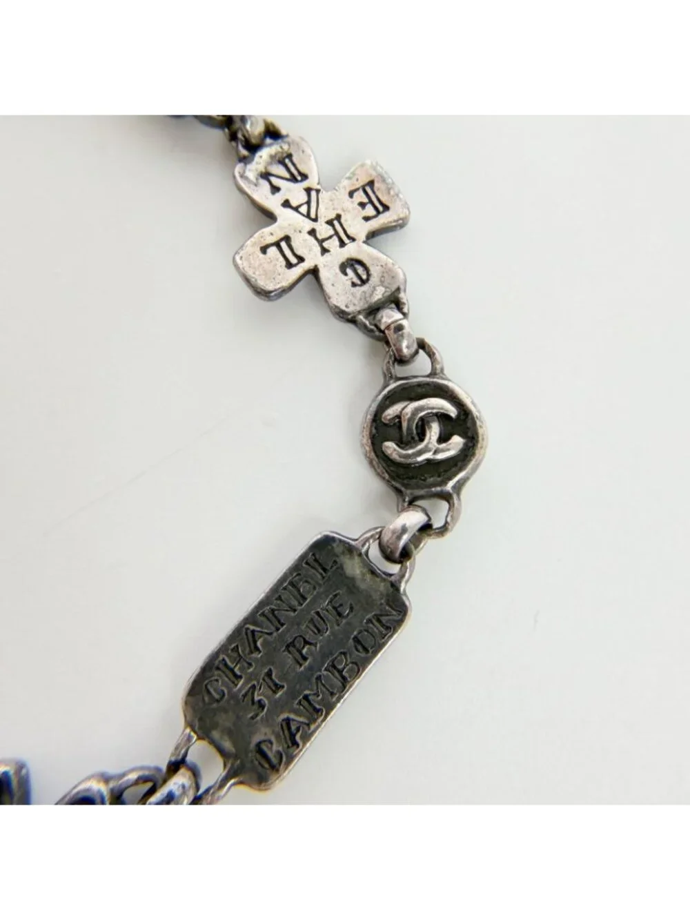 Chanel CC Logo Multi Charm Bracelet Plated Silver Vintage